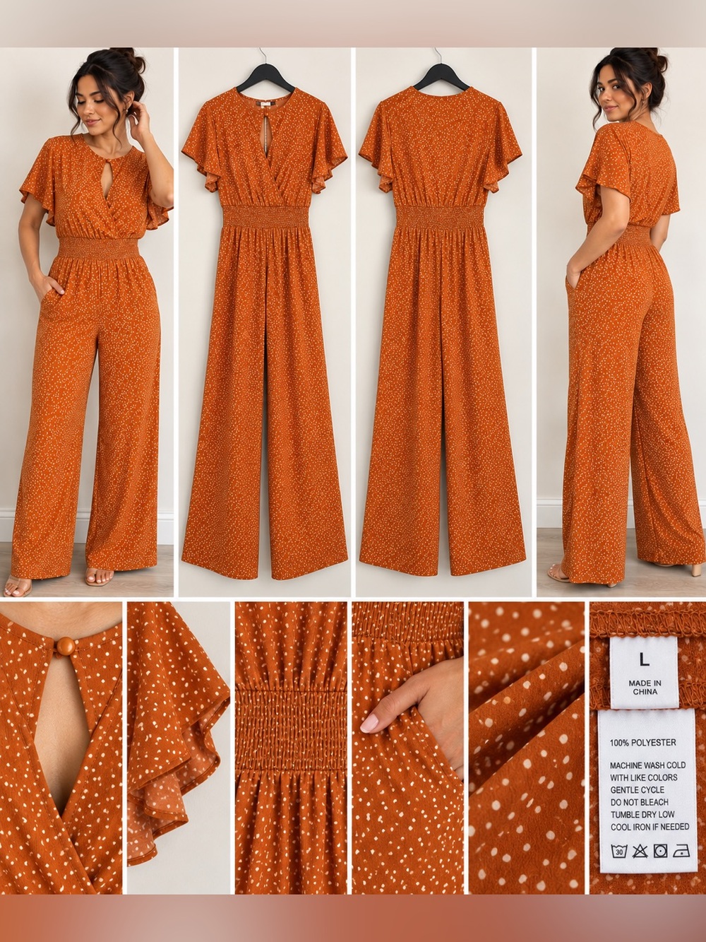 Rust Polka Dot Smocked-Waist Jumpsuit - Women
